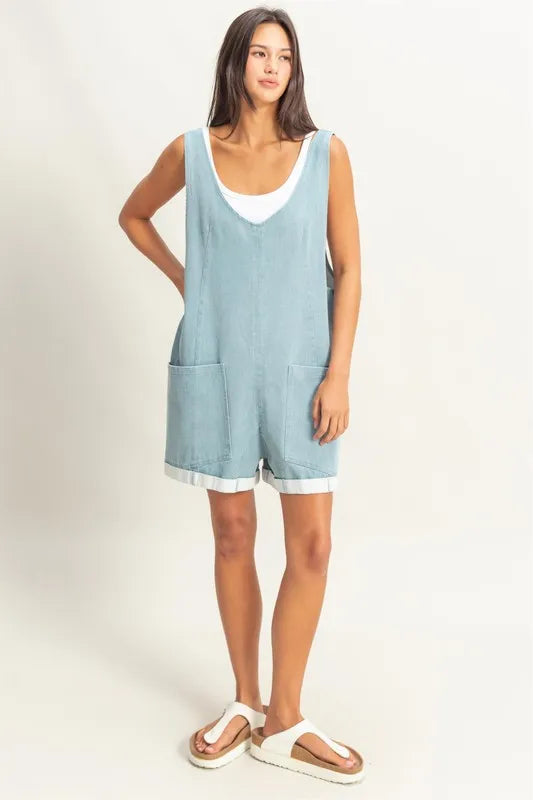 V-Neck Pocket Detail Romper – outfit idea for women | Ro + Ivy