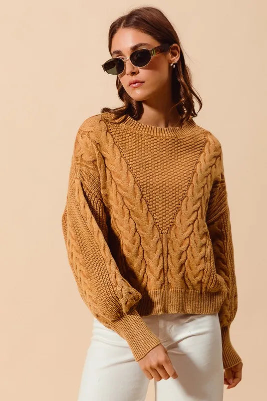 Mineral Washed Loose Fit Textured Cable Sweater – outfit idea for women | Ro + Ivy