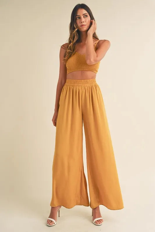 Smocked Bralette Crop Top And Wide Leg Pants Set – outfit idea for women | Ro + Ivy
