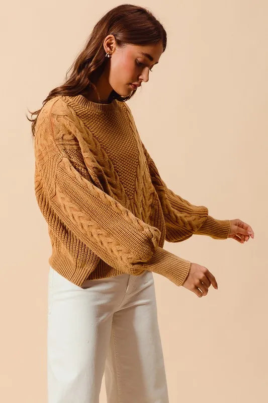 Mineral Washed Loose Fit Textured Cable Sweater – outfit idea for women | Ro + Ivy