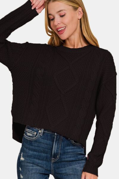 Cropped High Low Cable Sweater with Side Slits Trendy Sweaters Outfit Idea for Women | Ro + Ivy