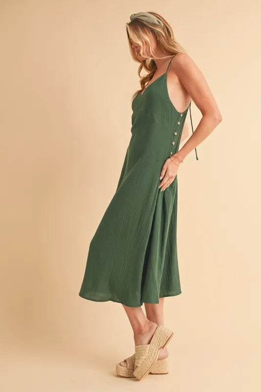 Side Button Cami Midi Dress in Emerald – outfit idea for women | Ro + Ivy