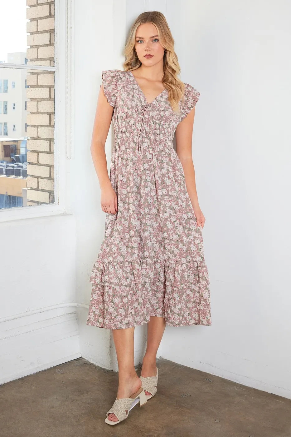 Flower Print Ruffle Cap Sleeve V-Neck Midi Dress – outfit idea for women | Ro + Ivy