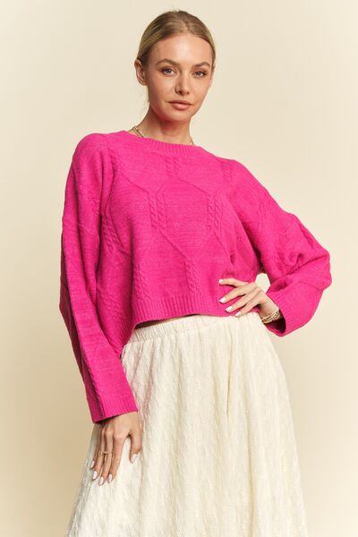 Diamond Cable Pattern Drop Shoulder Sweater in Pink - Ro + Ivy