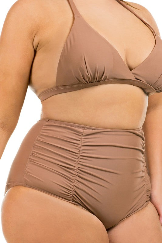 Two Piece High Waist with Ruched Front Swimsuit – outfit idea for women | Ro + Ivy
