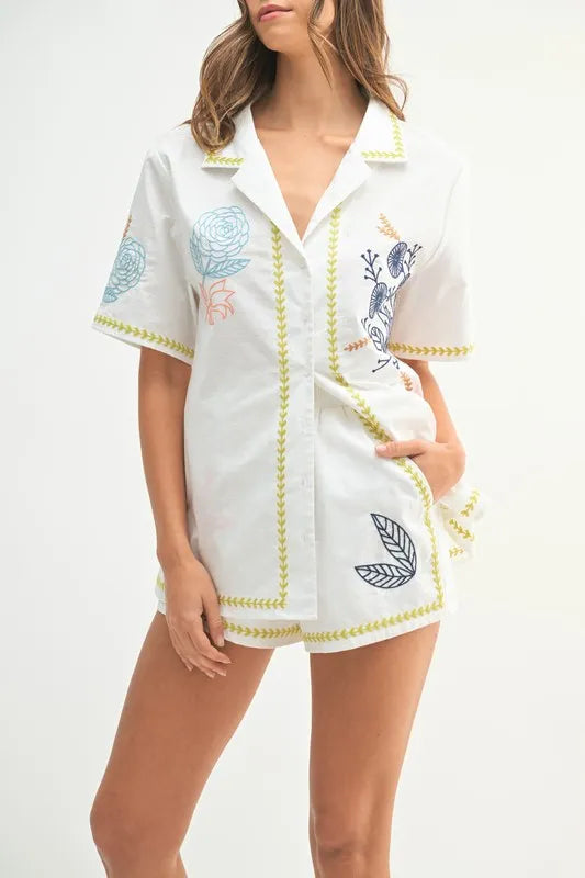 Embroidered Button Down Shirt And Shorts Set – outfit idea for women | Ro + Ivy