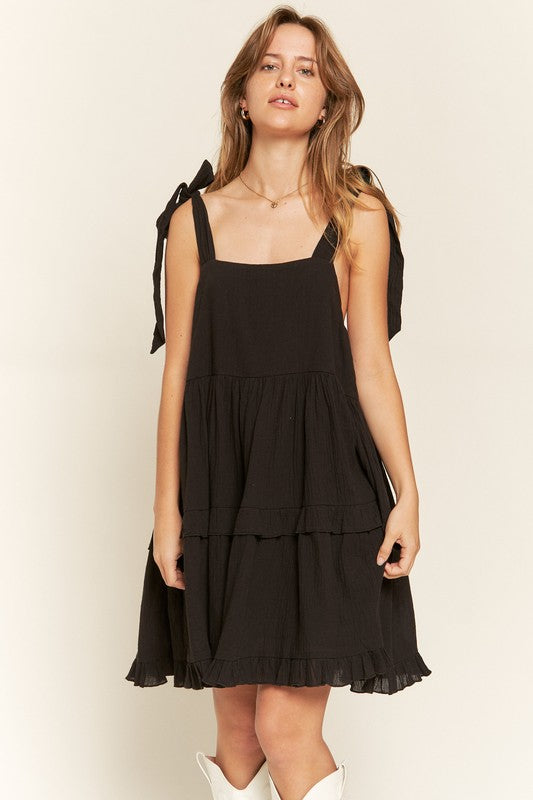 Square Neck Tiered Ruffle Bow Ties Mini Dress – outfit idea for women | Ro + Ivy