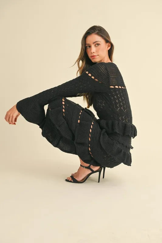 Long Sleeve Tiered Ruffle Knit Midi Dress – outfit idea for women | Ro + Ivy