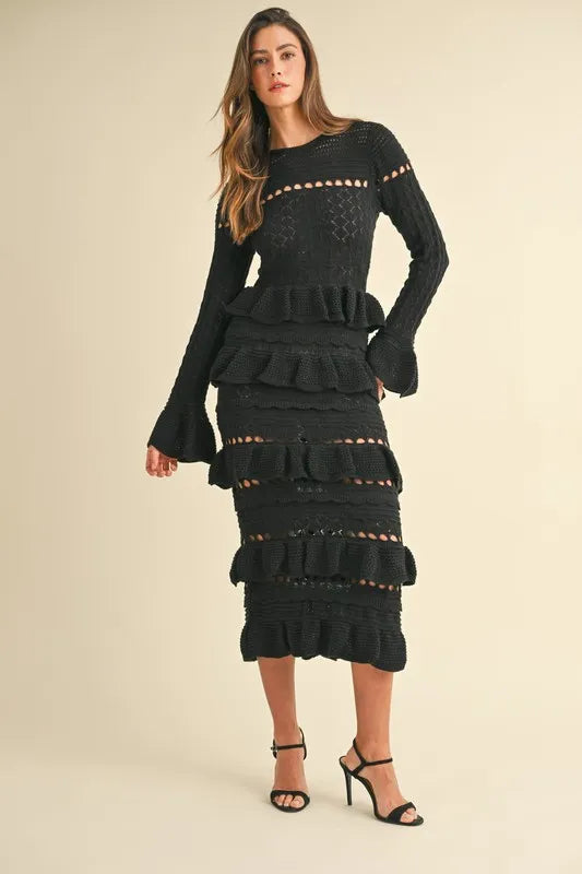 Long Sleeve Tiered Ruffle Knit Midi Dress – outfit idea for women | Ro + Ivy