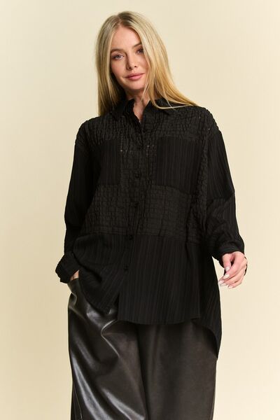 Crinkled Jacquard Button Down Shirt in Black - Ro + Ivy