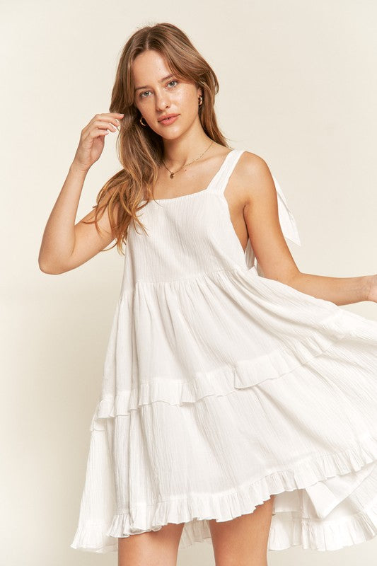 Square Neck Tiered Ruffle Bow Ties Mini Dress – outfit idea for women | Ro + Ivy