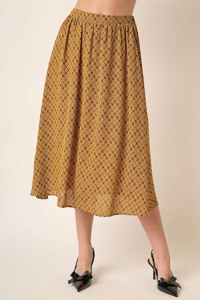 Printed Midi Skirt in Mustard Trendy Skirts Outfit Idea for Women | Ro + Ivy