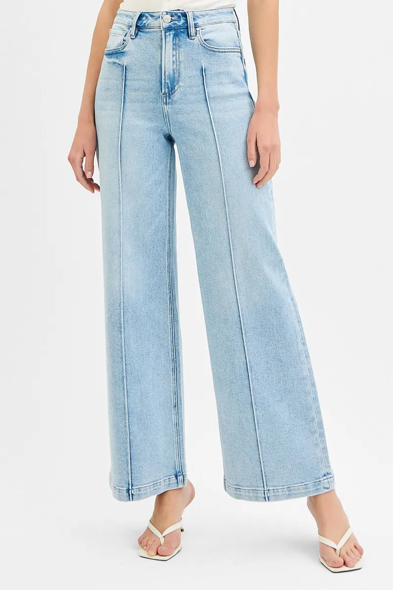 High Waist Pintuck Detailed Wide Leg Jeans – outfit idea for women | Ro + Ivy
