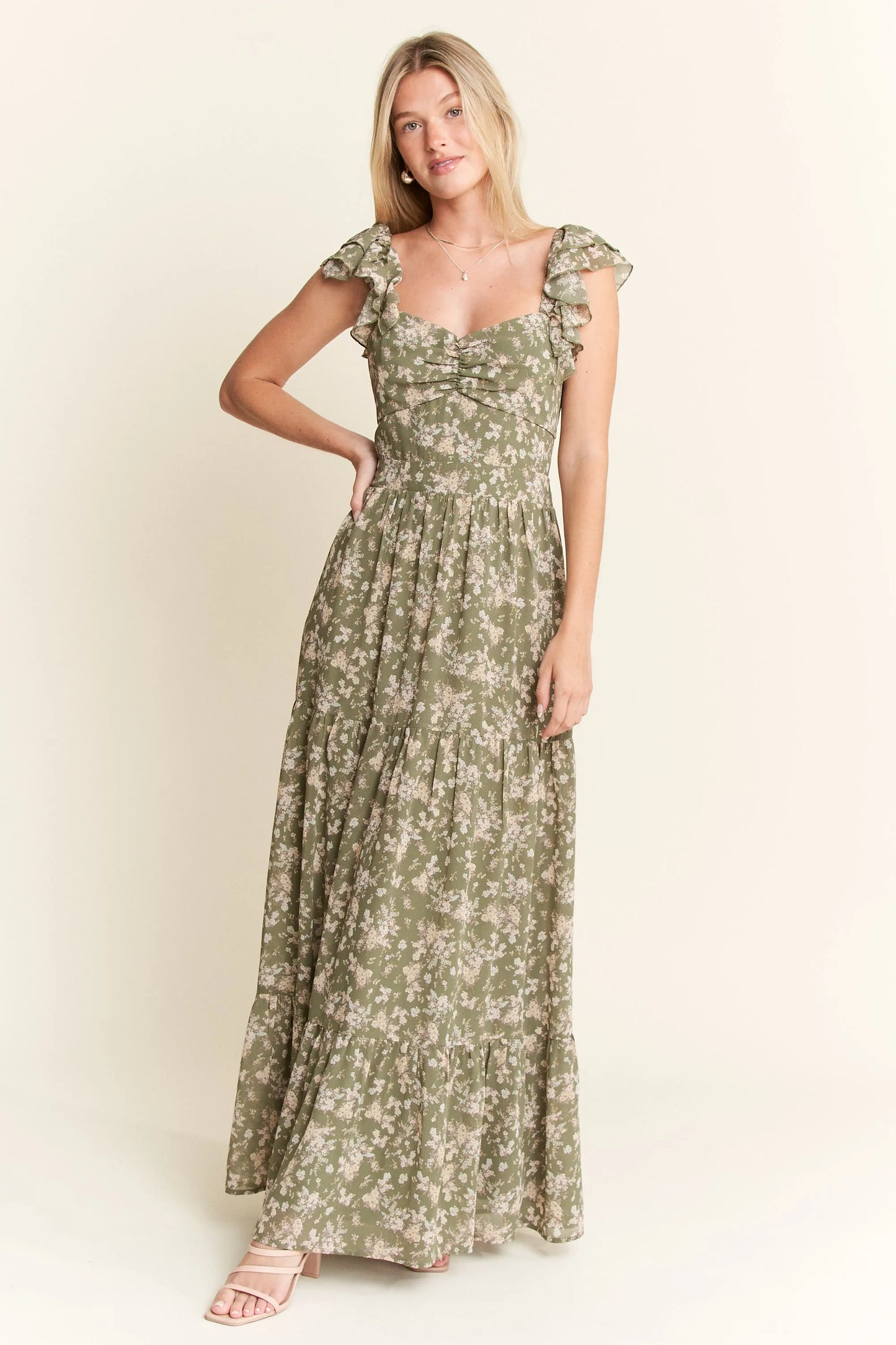 Ruffle Sleeve Tiered Maxi Dress – SAGE outfit idea for women | Ro + Ivy
