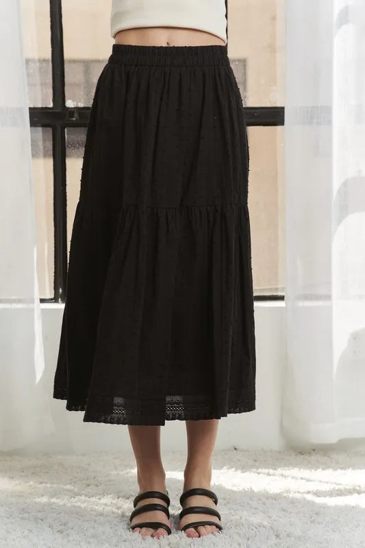 Elastic Waistband Tiered Midi Skirt – outfit idea for women | Ro + Ivy