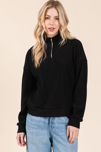Black Quarter Zip Long Sleeve Sweatshirt with Pockets Trendy Sweatshirts Outfit Idea for Women | Ro + Ivy