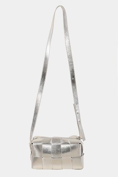 Silver One Size Woven Crossbody Bag with Adjustable Strap Trendy Crossbody Bags Outfit Idea for Women | Ro + Ivy