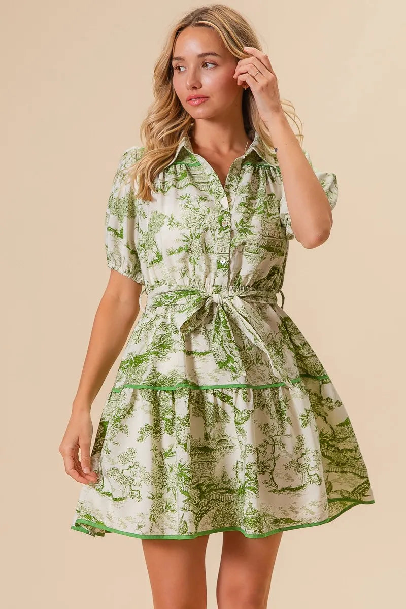 Woven Printed Tiered Mini Dress – outfit idea for women | Ro + Ivy
