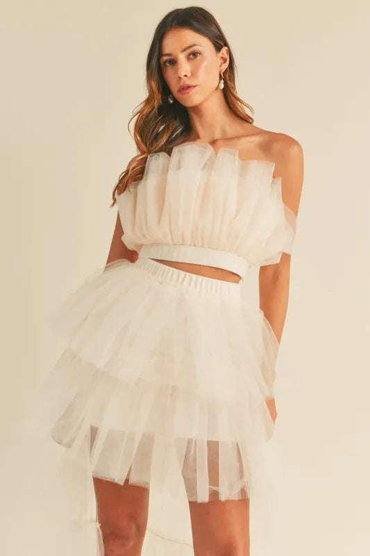 Tulle Tube Ruffle Crop Top And High Low Maxi Skirt Set – Cream outfit idea for women | Ro + Ivy