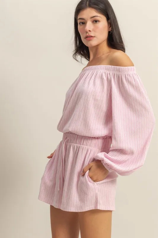 Off Shoulder Top And Shorts Set – PINK WHITE outfit idea for women | Ro + Ivy
