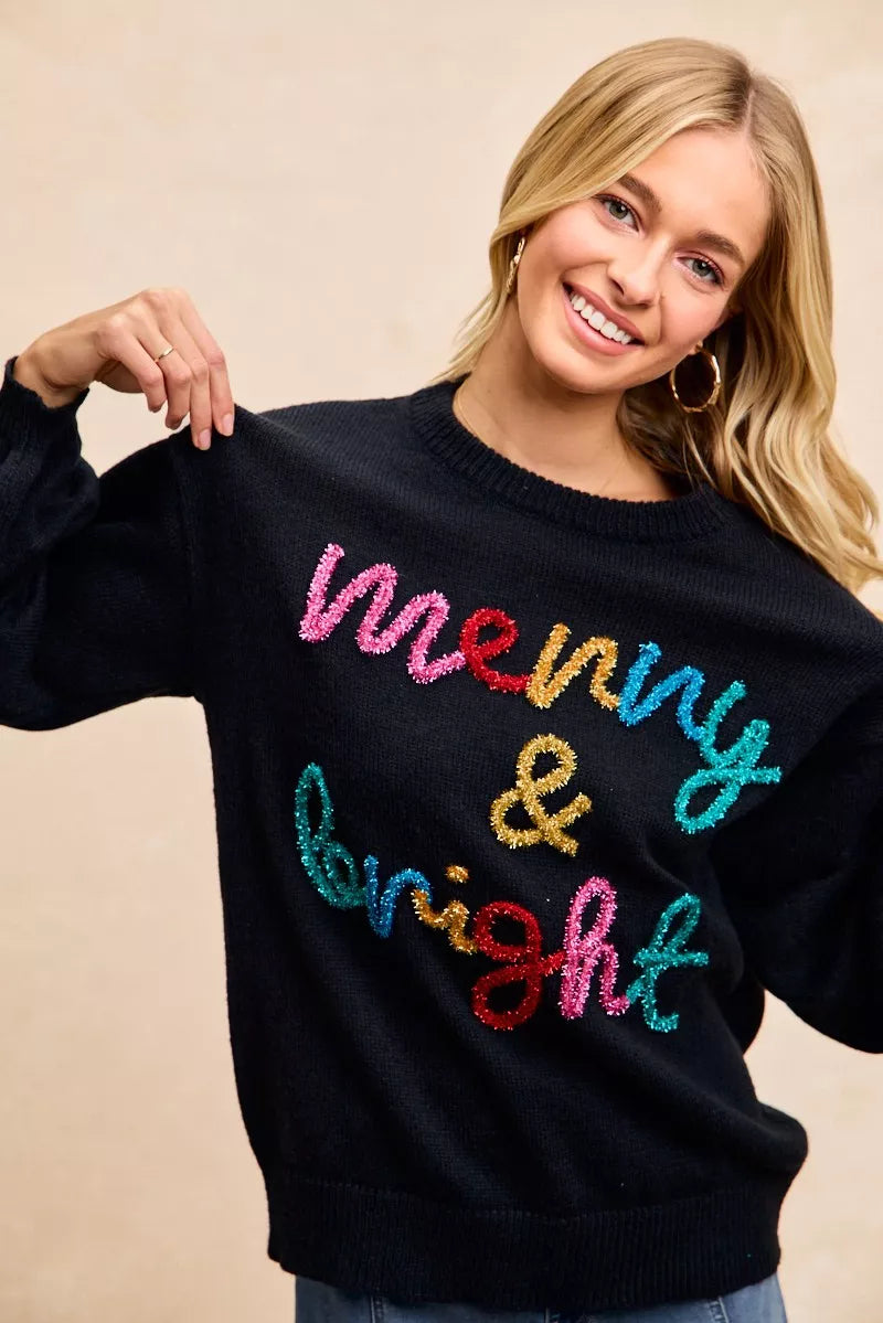 "Merry & Bright" Lettering Christmas Sweater | Trendy Sweaters Outfit Idea for Women by Ro + Ivy | Elevated Basics, Modern Comfort & Style