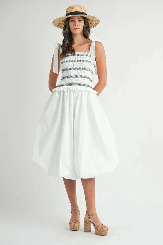 Smocked Bodice Bubble Midi Dress – Off White outfit idea for women | Ro + Ivy