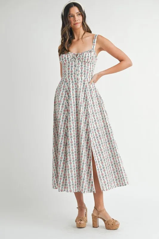 Floral Print Bustier Back Lace Up Midi Dress – outfit idea for women | Ro + Ivy