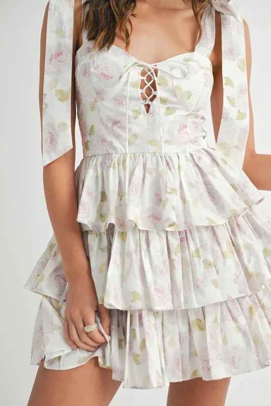 Floral Print Shoulder Tie Layered Mini Dress – outfit idea for women | Ro + Ivy