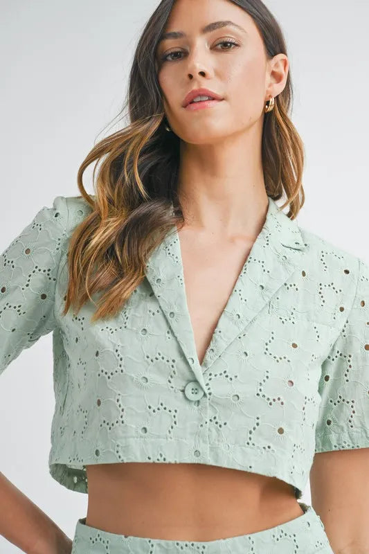 Eyelet Short Sleeve Crop Top And Shorts Set – outfit idea for women | Ro + Ivy