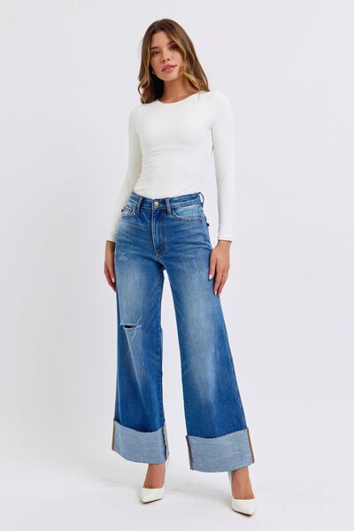 Full Size Distressed High Waist Wide Leg Jeans Trendy Jeans Outfit Idea for Women | Ro + Ivy