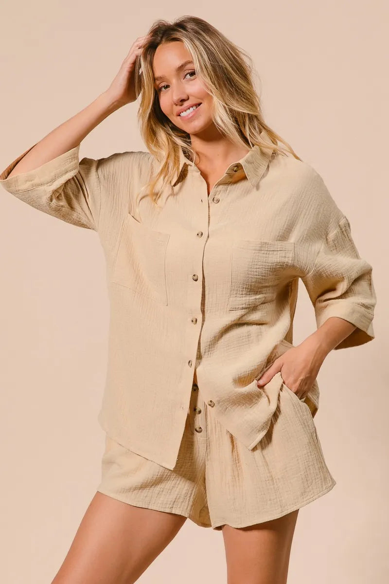 Crinkle Gauze Shirt And Short Set – outfit idea for women | Ro + Ivy