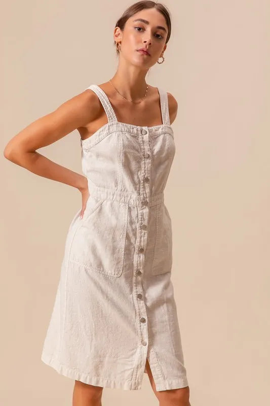 Button Down Pocket Front Pinafore Knee Length Dress – outfit idea for women | Ro + Ivy