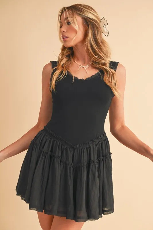 Frill Sleeveless Drop Waist Mini Dress – outfit idea for women | Ro + Ivy