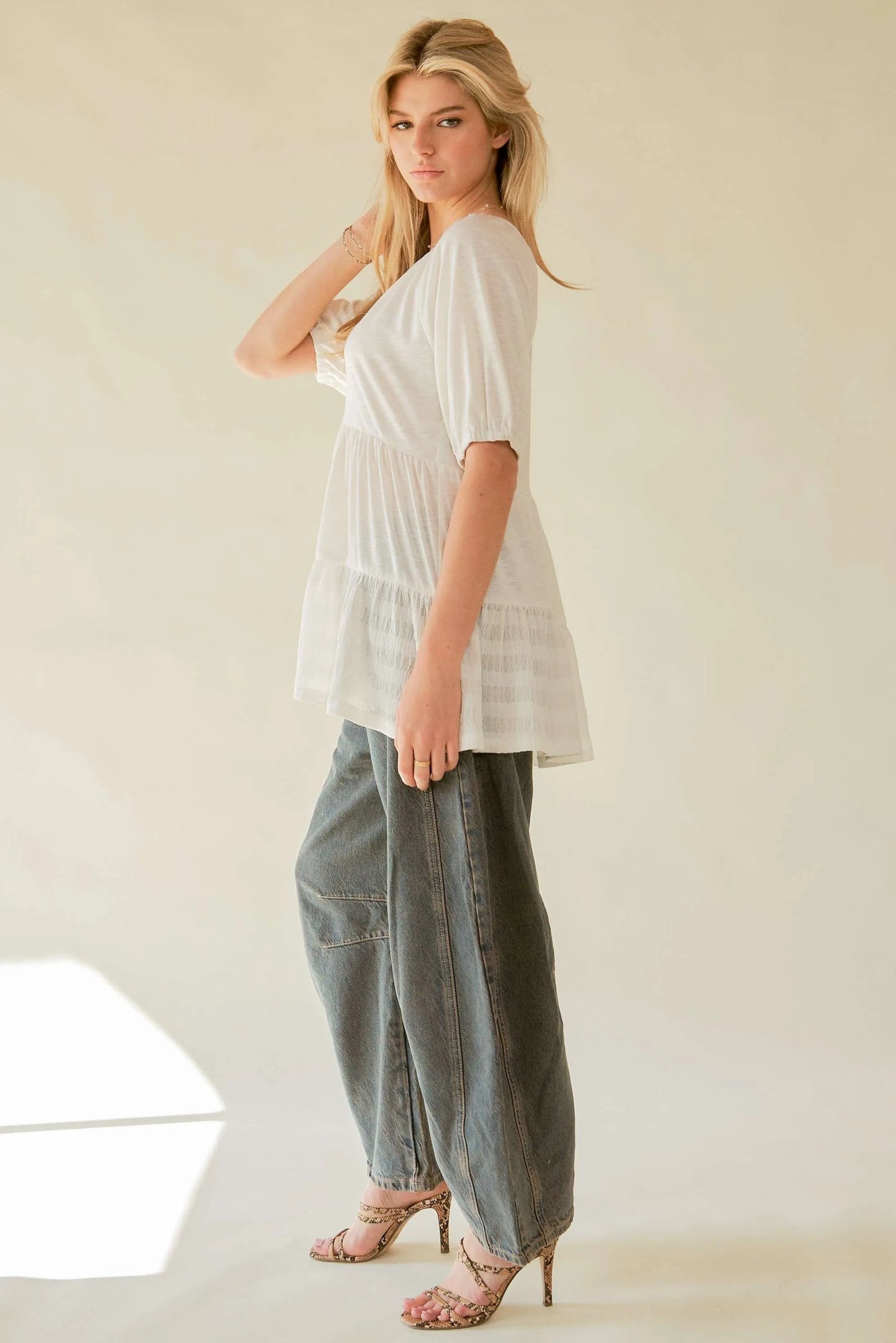Ruffled Flared Short Sleeve V Neck Blouse – outfit idea for women | Ro + Ivy