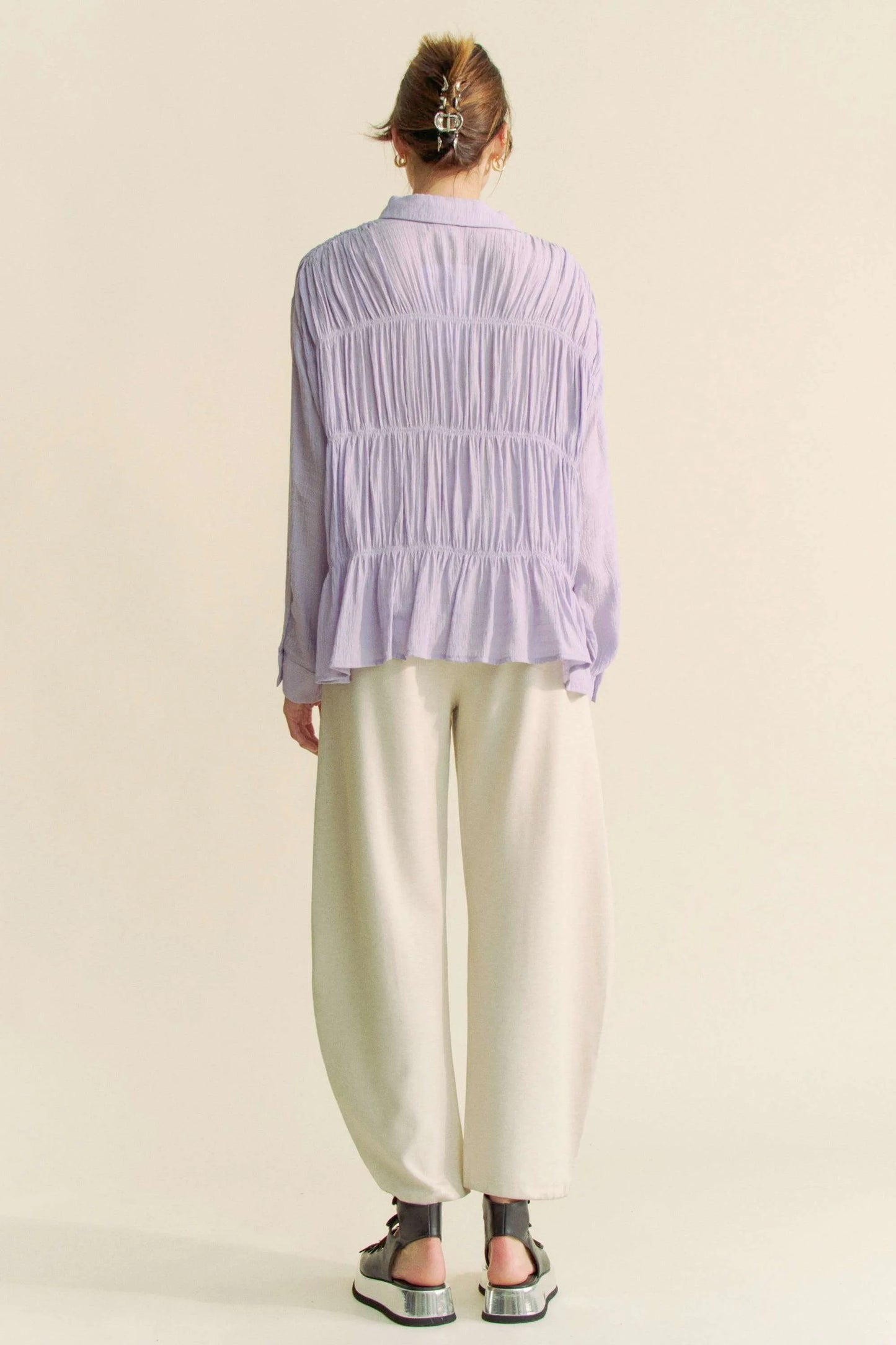 Ruched All Over Button Front Shirt – outfit idea for women | Ro + Ivy