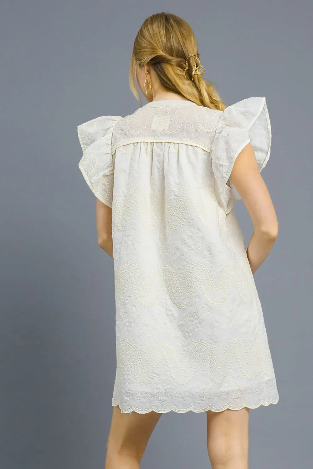 Scalloped Hem Embroidered Mini Dress – outfit idea for women | Ro + Ivy