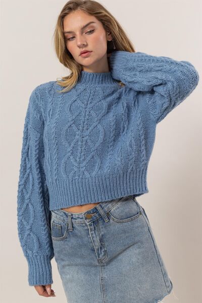 Gray Blue Cable-Knit Mock Neck Dropped Shoulder Sweater Trendy Sweaters Outfit Idea for Women | Ro + Ivy