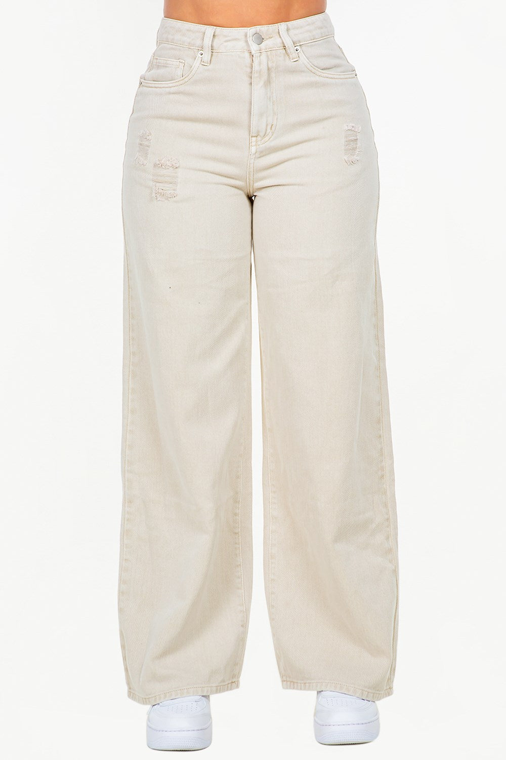 High Waist Distressed Wide Leg Jeans – Beige outfit idea for women | Ro + Ivy