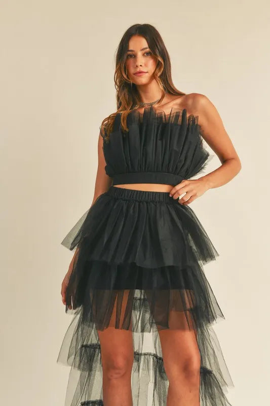 Tulle Tube Ruffle Crop Top And High Low Maxi Skirt Set – outfit idea for women | Ro + Ivy