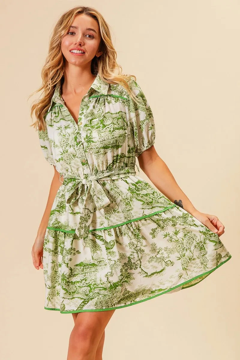 Woven Printed Tiered Mini Dress – outfit idea for women | Ro + Ivy