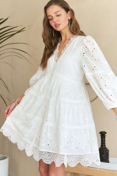 Lace Detail Tiered Eyelet V-Neck Babydoll Dress Trendy Mini Dresses Outfit Idea for Women | Ro + Ivy