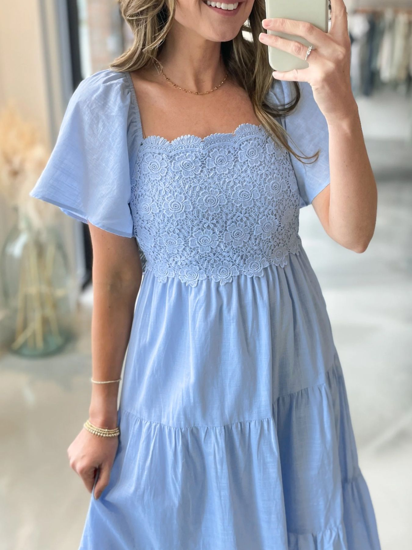 Lace Puff Short Sleeve Tiered Midi Dress - Midi Dresses