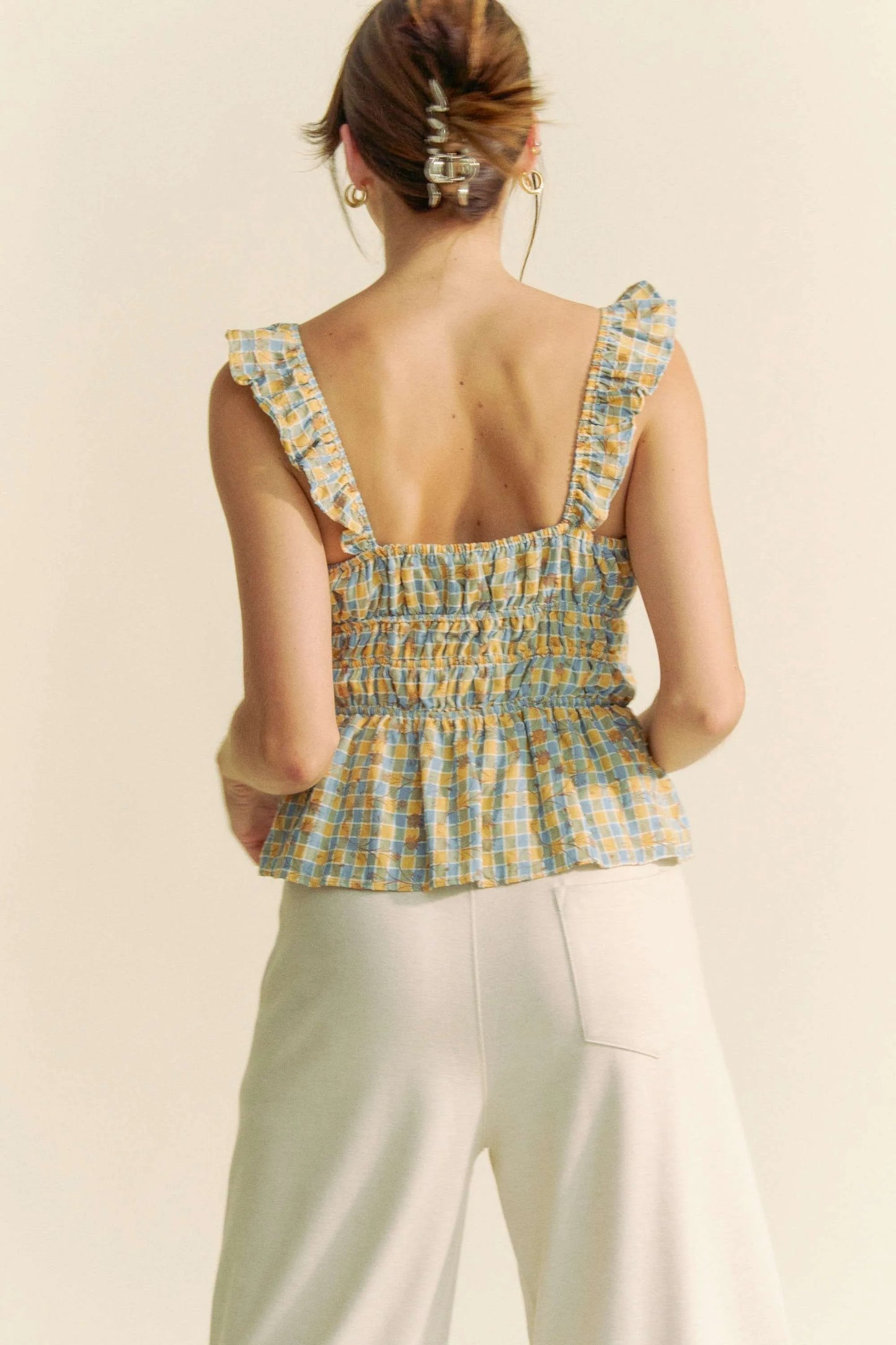 Plaid Ruffled Strap Smocked Sleeveless Top – outfit idea for women | Ro + Ivy