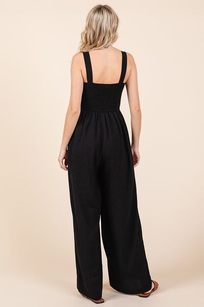 Smocked Wide Strap Wide Leg Overalls - Ro + Ivy