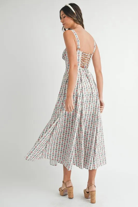 Floral Print Bustier Back Lace Up Midi Dress – outfit idea for women | Ro + Ivy