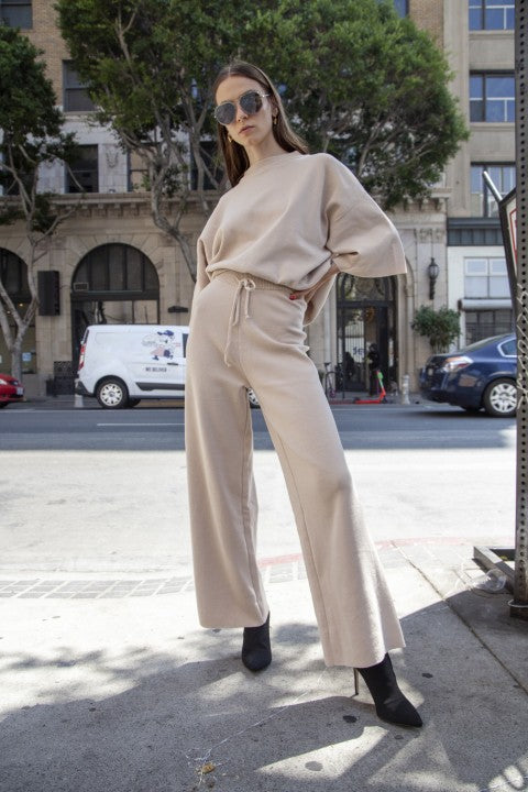 Half Sleeve Knit Sweater with Knit Flare Pants Set – APRICOT outfit idea for women | Ro + Ivy