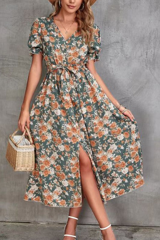 Floral Midi Dress with Slit – Multi outfit idea for women | Ro + Ivy