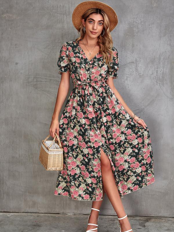 Floral Midi Dress with Slit – outfit idea for women | Ro + Ivy