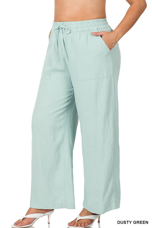 Plus Linen Drawstring-Waist Pants With Pockets – DUSTY GREEN outfit idea for women | Ro + Ivy