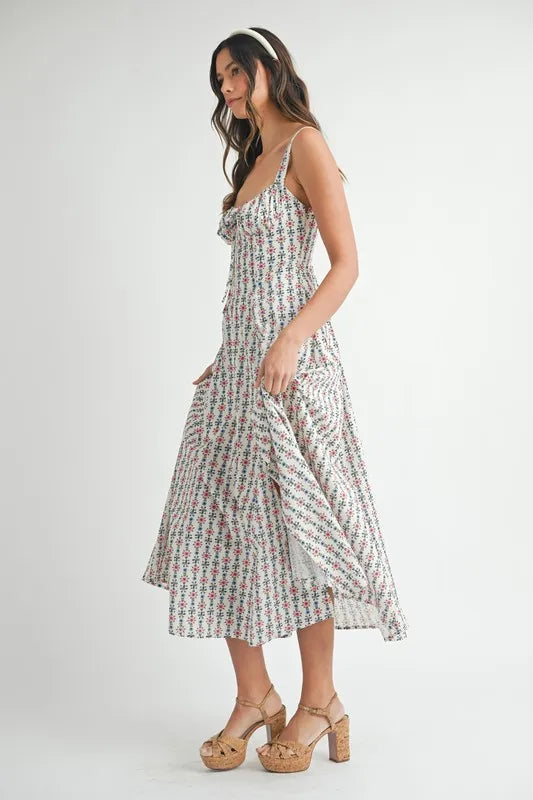 Floral Print Bustier Back Lace Up Midi Dress – outfit idea for women | Ro + Ivy